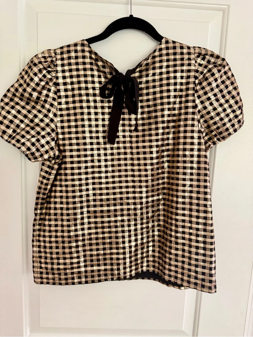 J Crew Small Metallic Black & Gold Check Puff Sleeve Top
